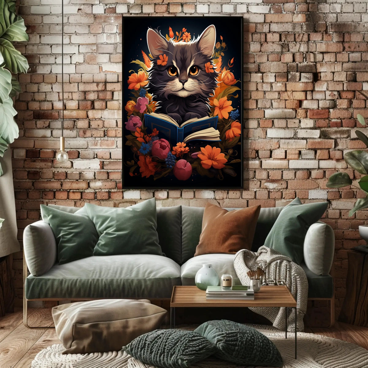 Whimsical Cat Portrait with Vibrant Floral Accents