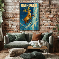 Reindeer Adventure on Icy Cliff Animal Poster