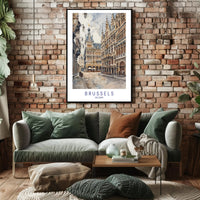 Charming Brussels Street Scene, Watercolor Urban or Cityscape Poster PosterGoat