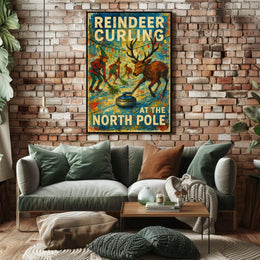 Reindeer Curling at the North Pole Poster