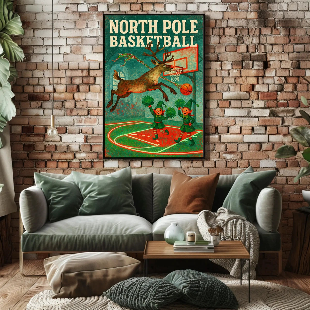 Whimsical Reindeer Dunk with Elves Sports Poster