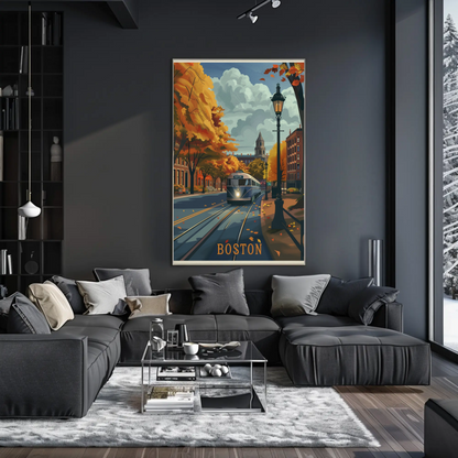 Boston Autumn Streetcar Leaves Trees Travel Poster