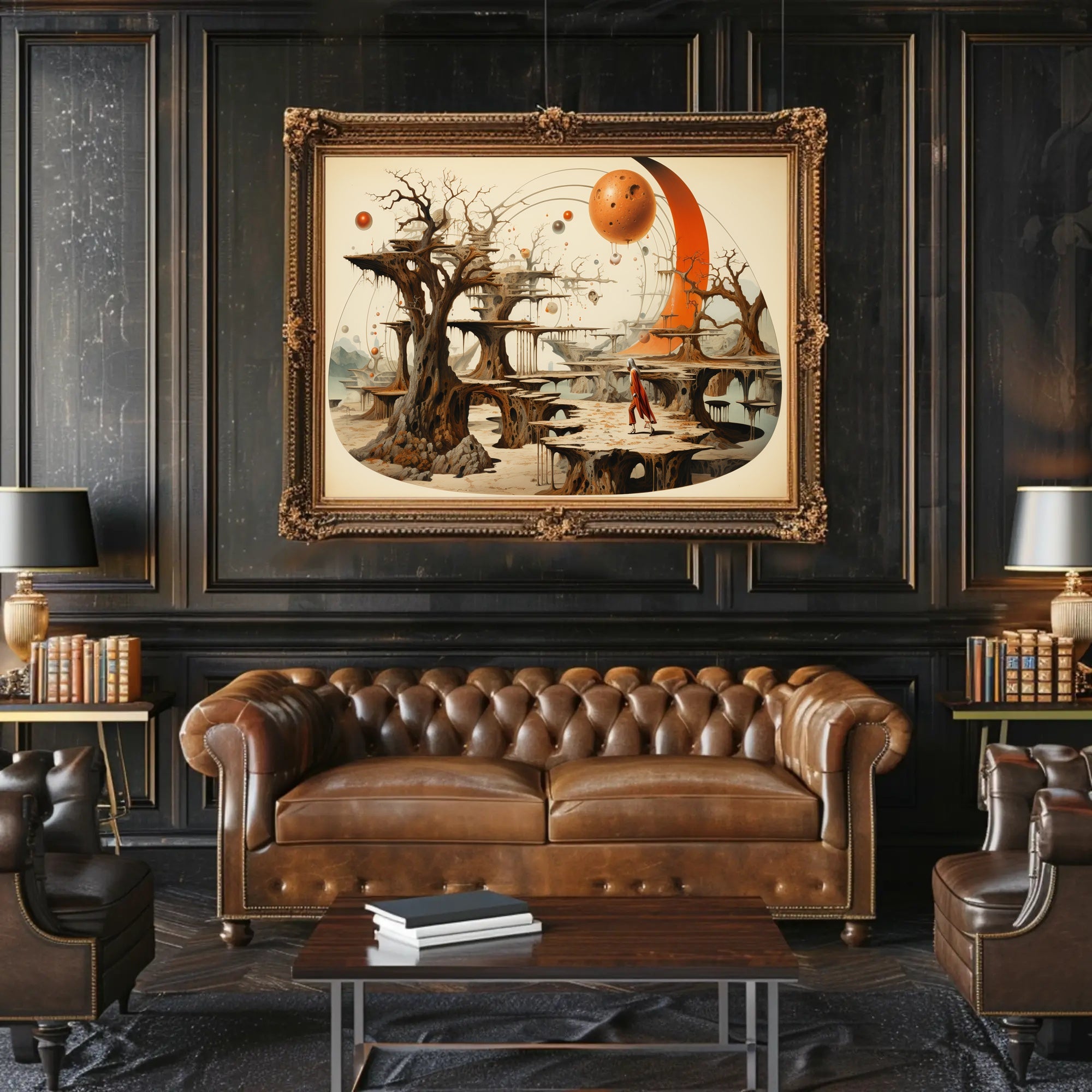 Mystical Exploration in Surreal Extraterrestrial Landscape Fantasy Poster