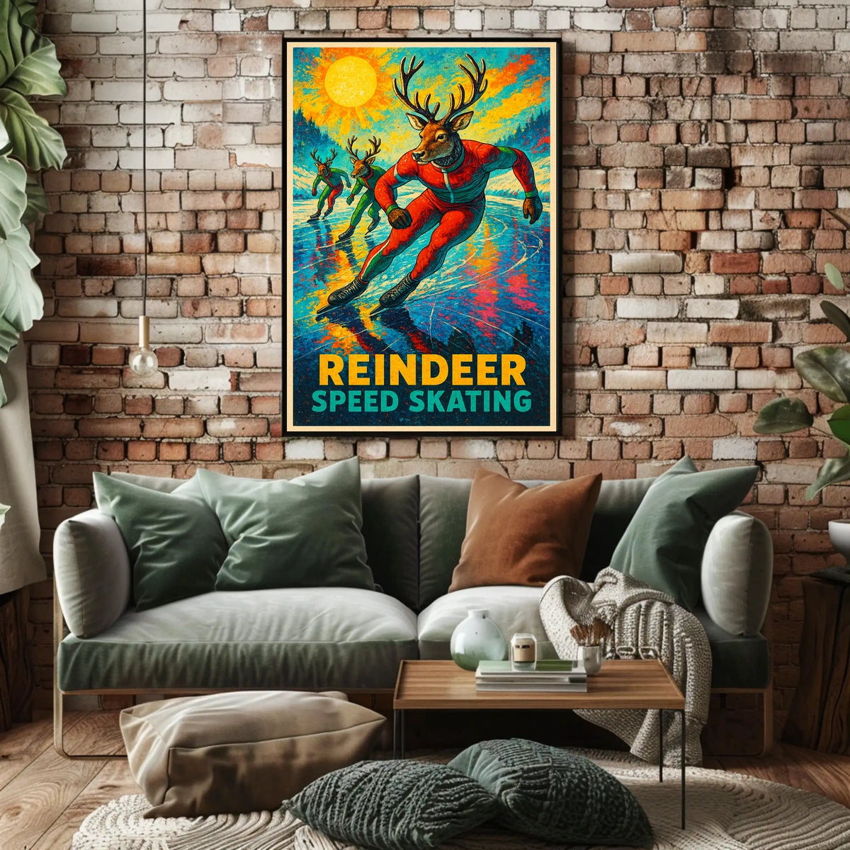 Reindeer Speed Skating Vintage Winter Sports Poster
