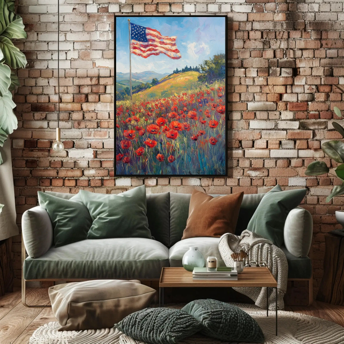 peaceful field of poppies with one large American flag Poster