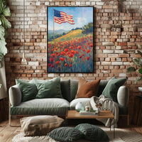 peaceful field of poppies with one large American flag Poster