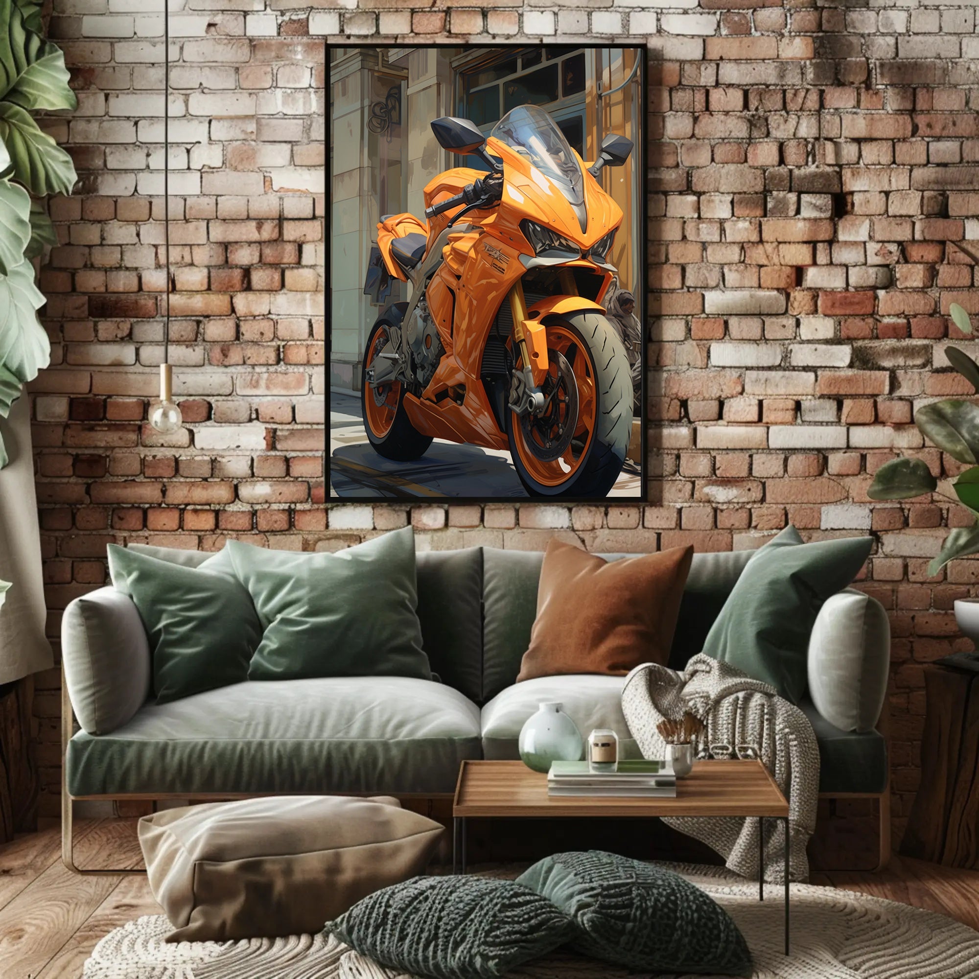 Vibrant Orange Motorcycle Poster PosterGoat