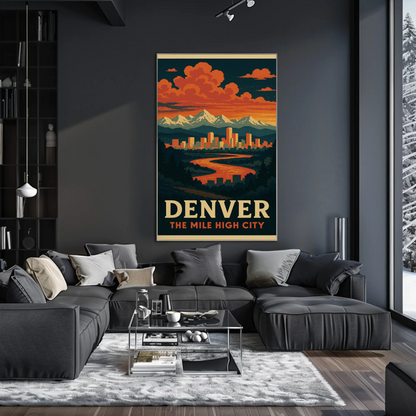 Denver Colorado Sunset Skyline Mountains Travel Poster