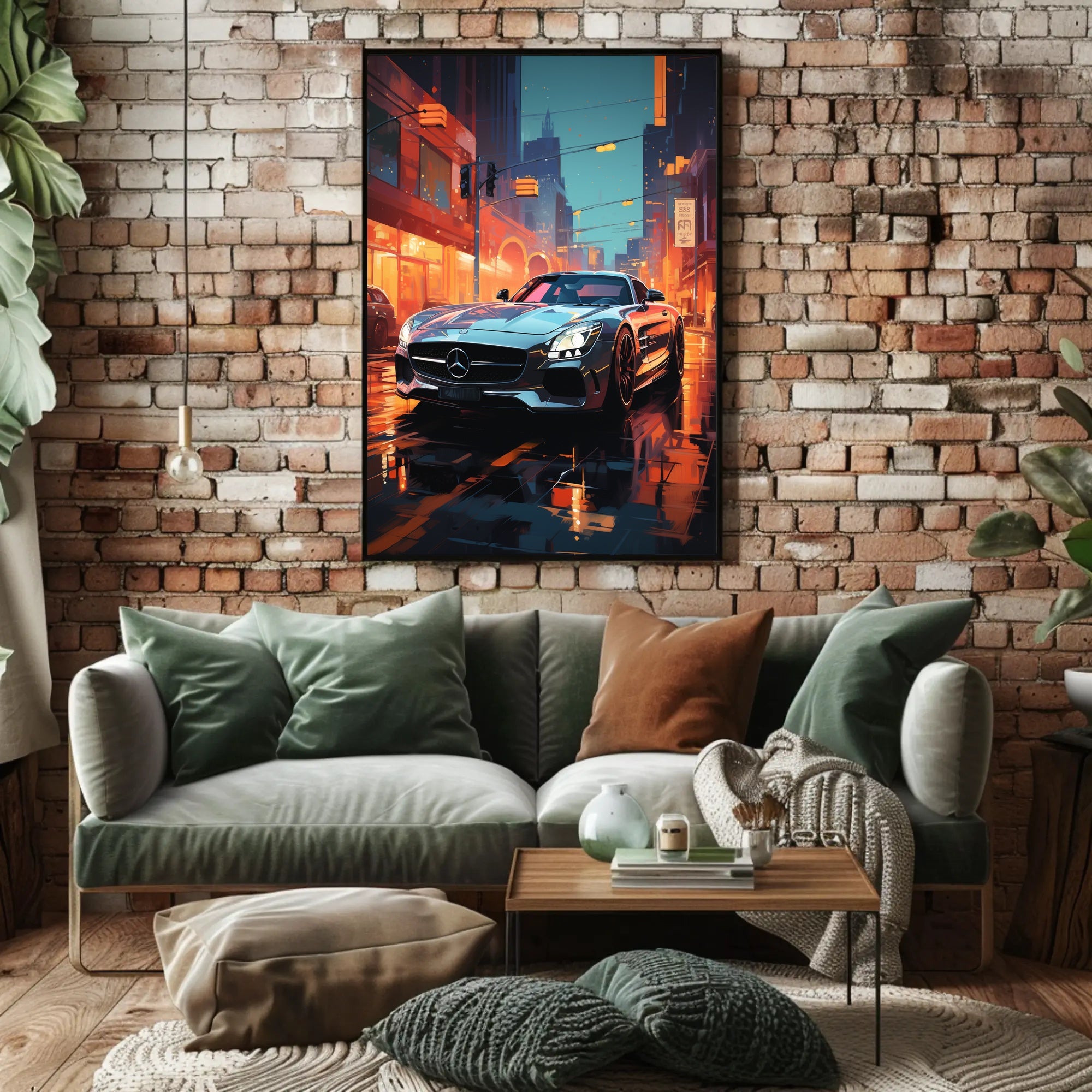 Sleek Urban Sports Car on Vibrant City Street Poster