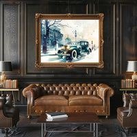 Vintage Winter Car Scene: Nostalgic Urban Elegance Poster