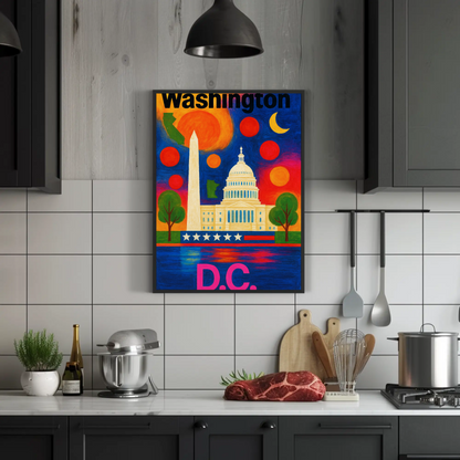 Washington DC Capitol Monument Patriotic Night Vintage Travel Poster