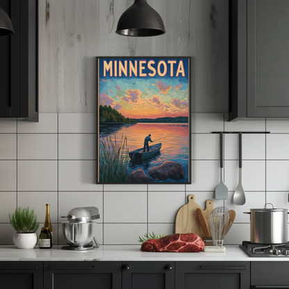 Minnesota Sunset Fishing Vintage Poster