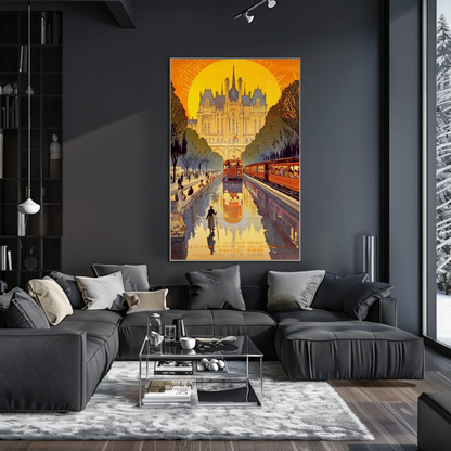 Paris Tram Canal Castle Sunset Travel Poster