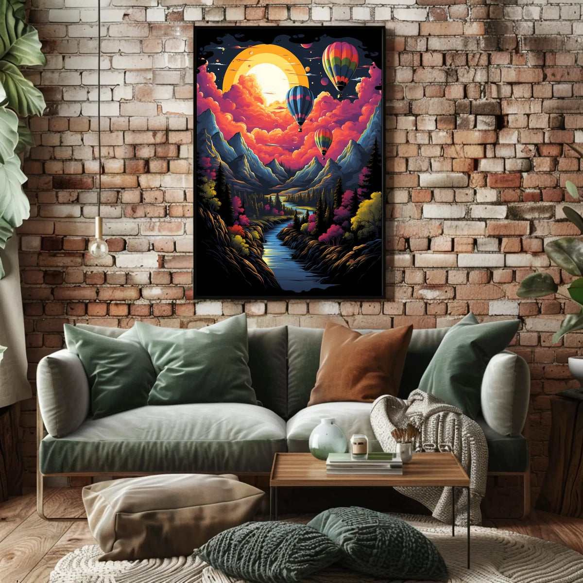 Vibrant Surreal Landscape Poster with Hot Air Balloons