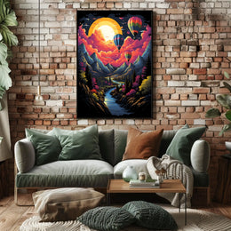 Vibrant Surreal Landscape Poster with Hot Air Balloons