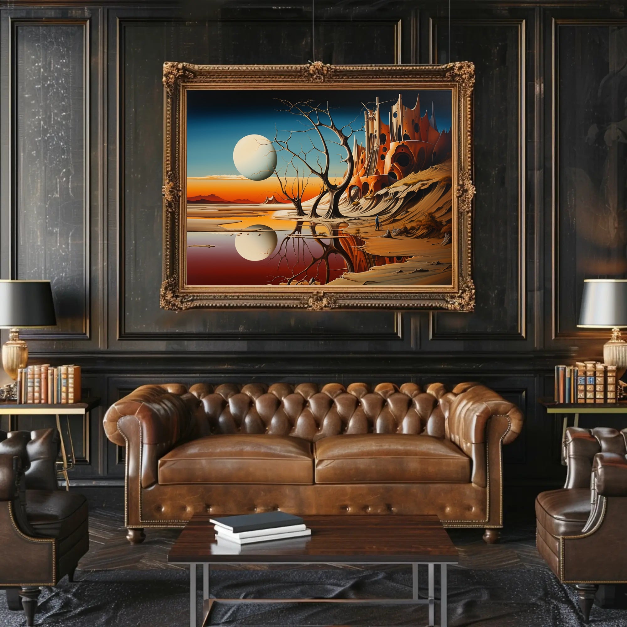 Surreal Sci-Fi Landscape with Fortress and Celestial Body Poster