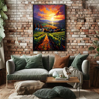 Vibrant Vineyard Sunset Landscape Impressionistic Artistic Poster