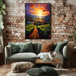Vibrant Vineyard Sunset Landscape Impressionistic Artistic Poster