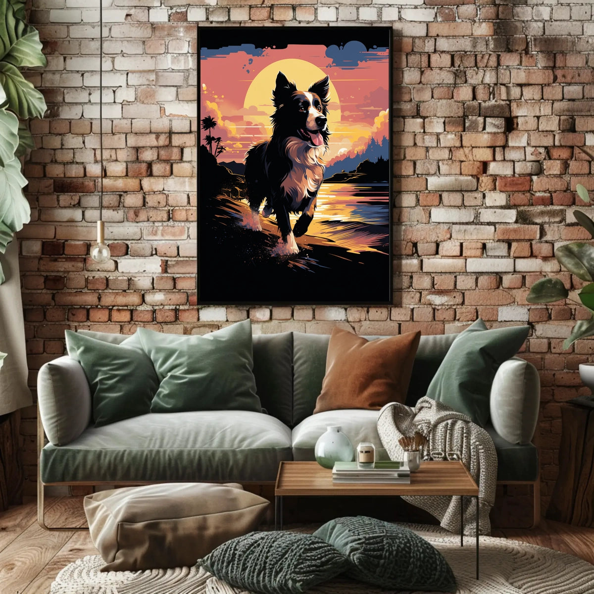Running Dog at Sunset Shoreline Animal Poster