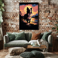 Running Dog at Sunset Shoreline Animal Poster