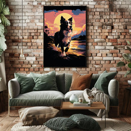 Running Dog at Sunset Shoreline Animal Poster