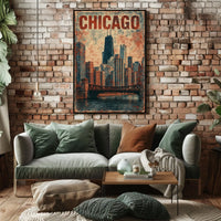 Chicago Skyline Vintage Distressed Urban Cityscape Nostalgic Decor Timeless Heritage Poster