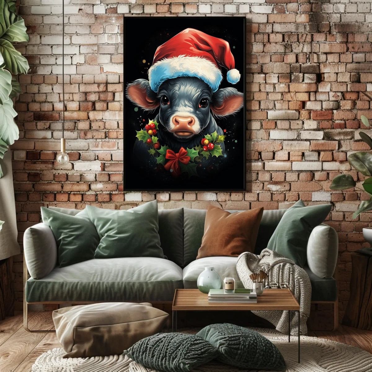 Festive Calf Christmas Poster with Santa Hat