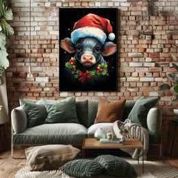 Festive Calf Christmas Poster with Santa Hat