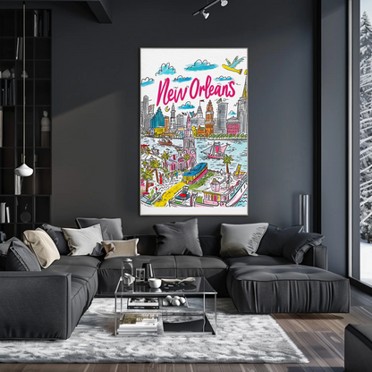 New Orleans Louisiana Colorful Riverside Cityscape Travel Poster