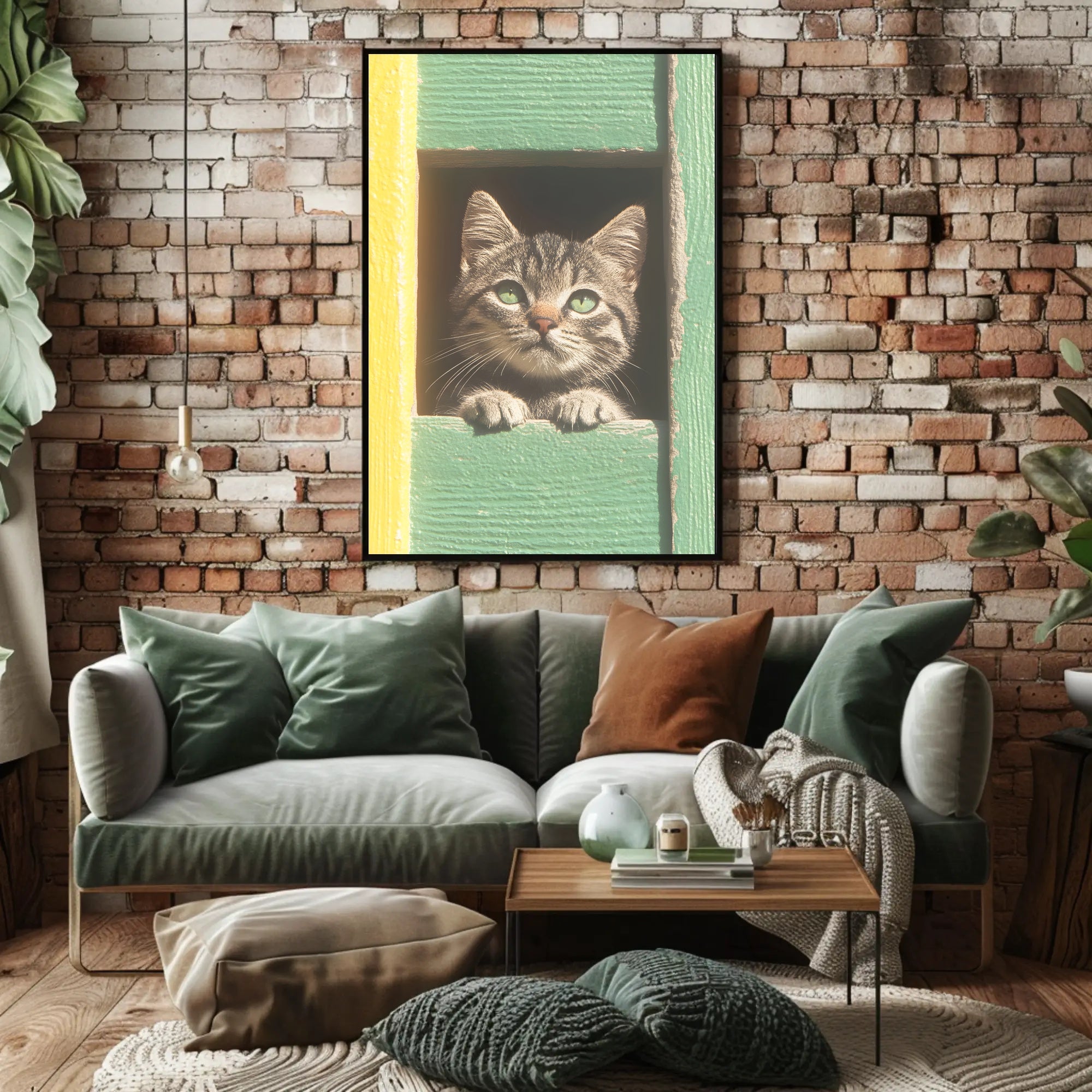 Curious Cat Window Poster Charming Whimsical Print