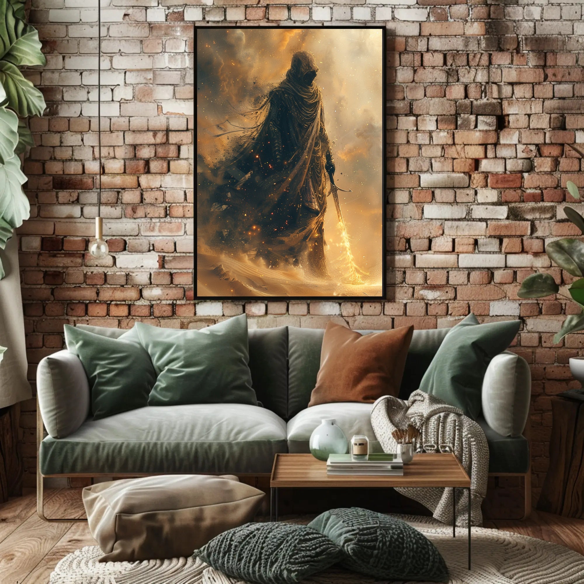 Mysterious Robed Figure with Glowing Sword Fantasy Poster PosterGoat