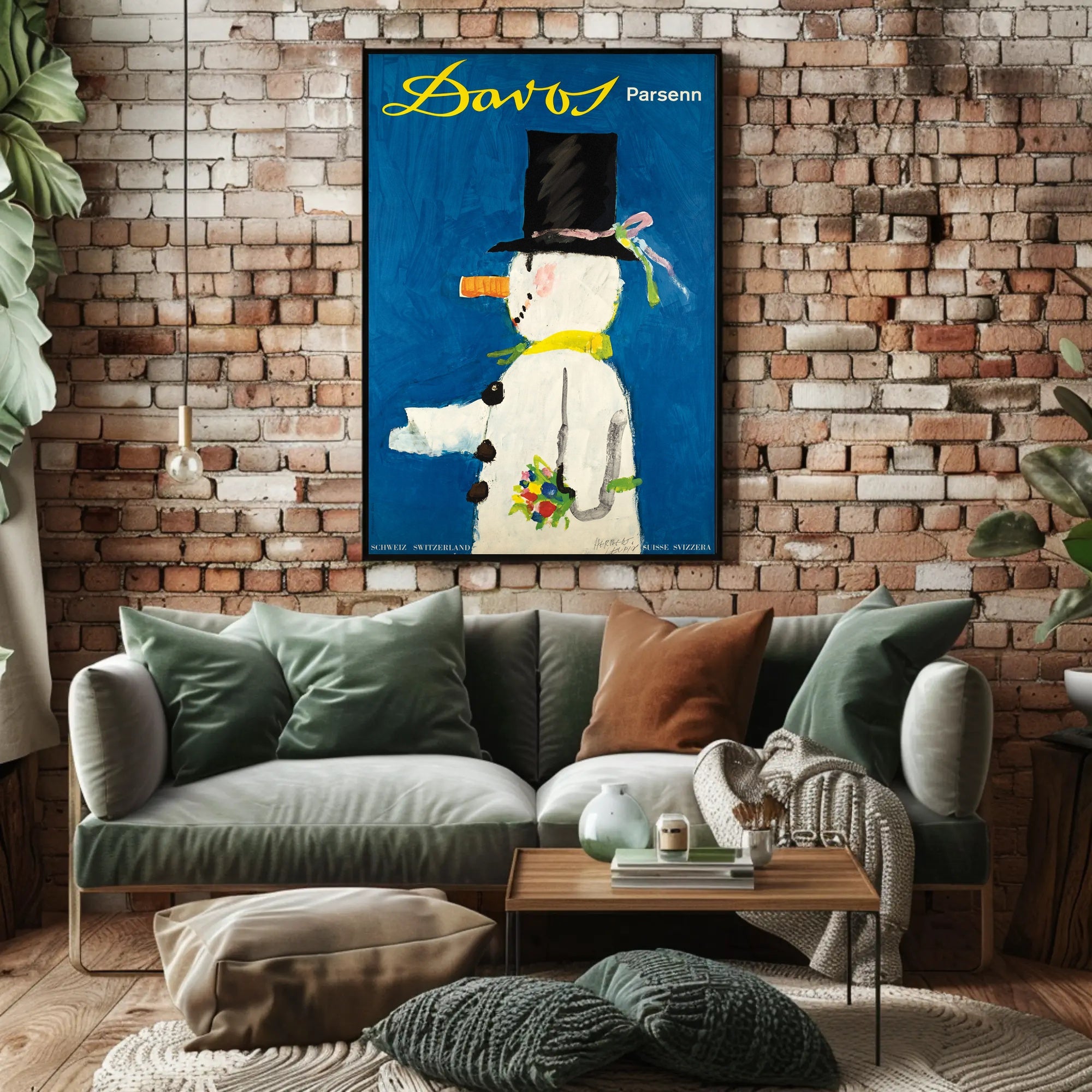 Whimsical Snowman Switzerland Travel Poster PosterGoat