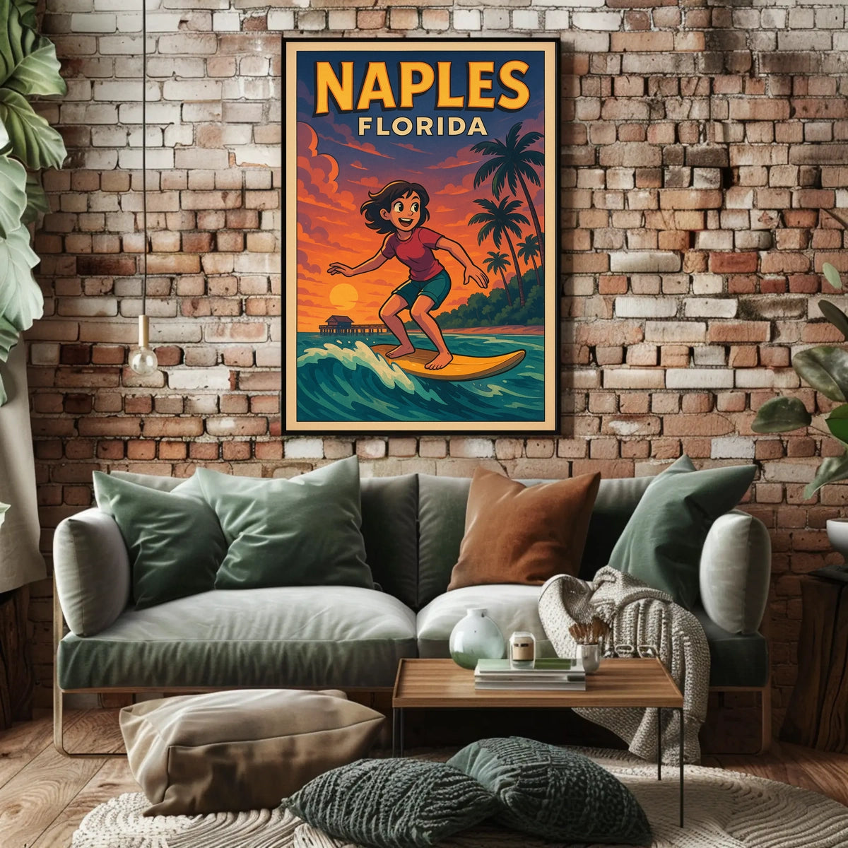 Naples Florida Surfing Poster Wall Art Coastal Decor