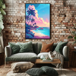 Tropical Sunset Beach Scene Art Poster
