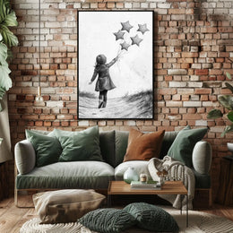 Child Releasing Star Balloons Black And White Sketch Poster