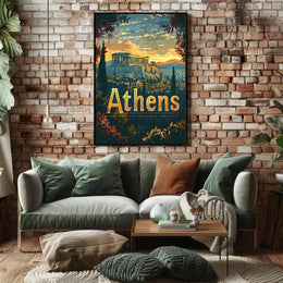 Athens Parthenon Sunset Vintage Travel Poster