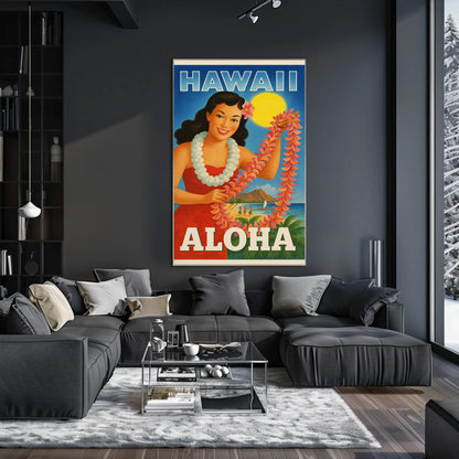 Vintage Hawaii Girl Lei Diamond Head Beach Travel Poster