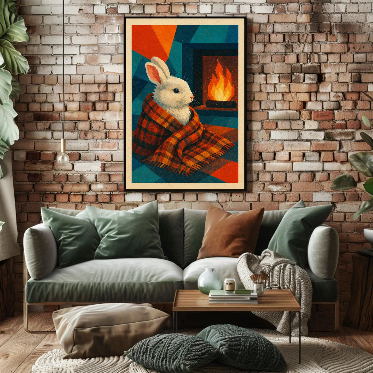 Cozy Rabbit by the Fireplace Poster