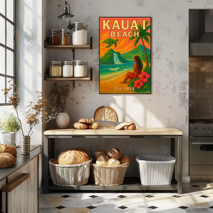 Kauai Beach Hawaii Waterfall Turtle Est 1855 Vintage Travel Poster