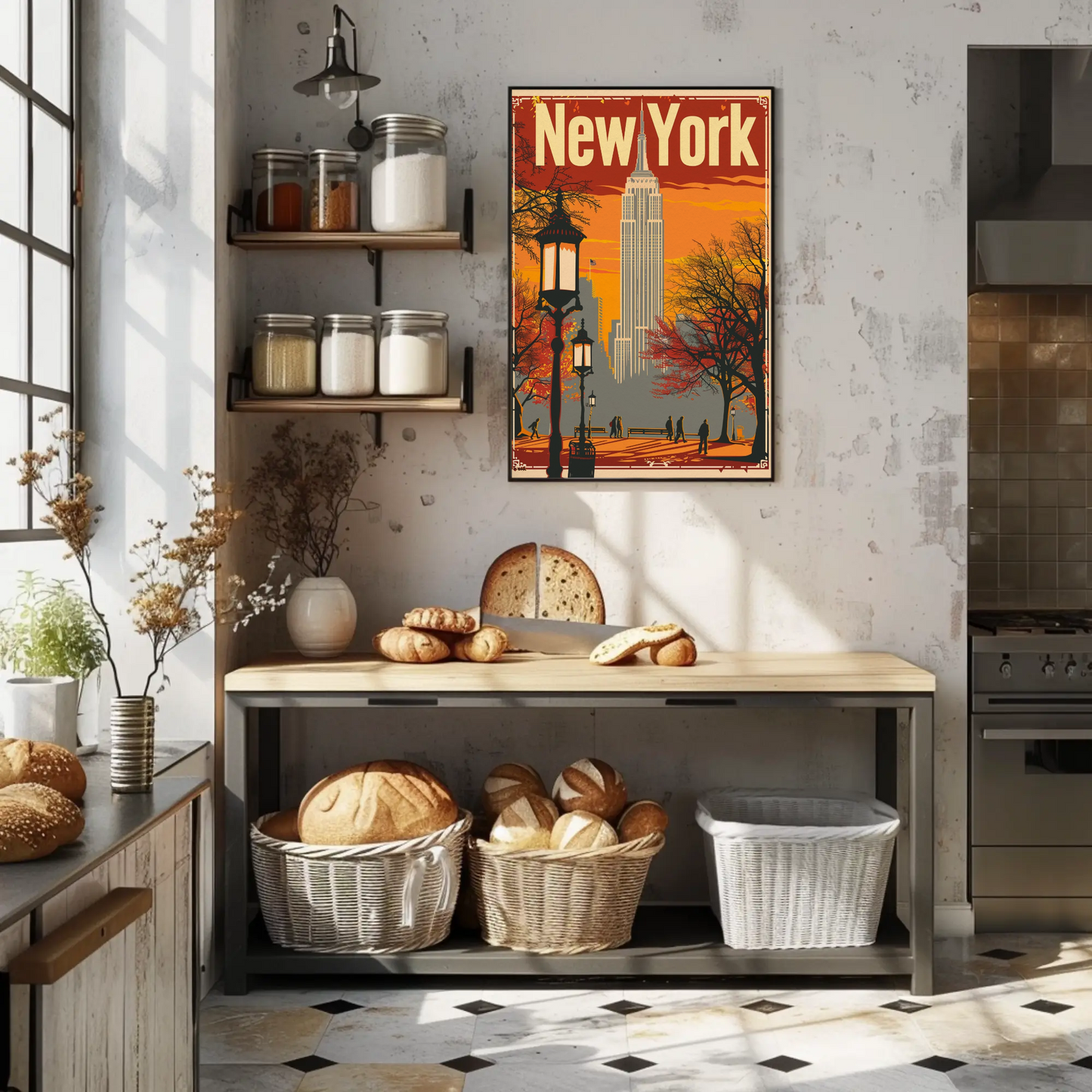 New York Orange Sky Autumn Cityscape Vintage Travel Poster