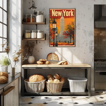 New York Orange Sky Autumn Cityscape Vintage Travel Poster
