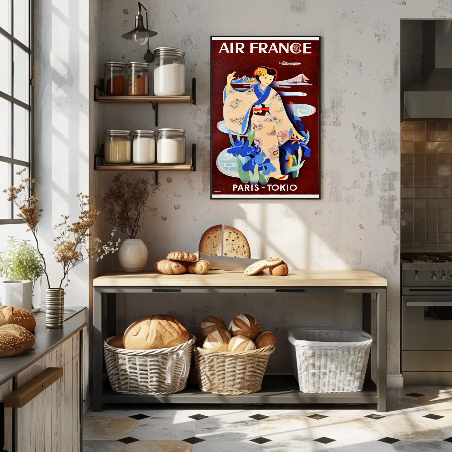 Paris To Tokyo Air France Geisha Vintage Travel Poster