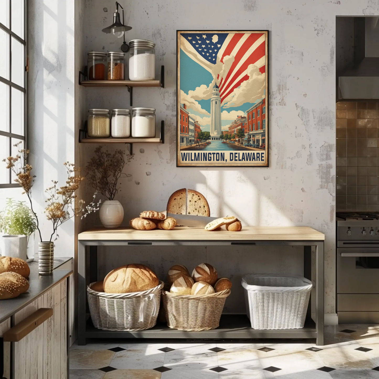 Wilmington Delaware Tower And Flag Streetscape Vintage Travel Poster