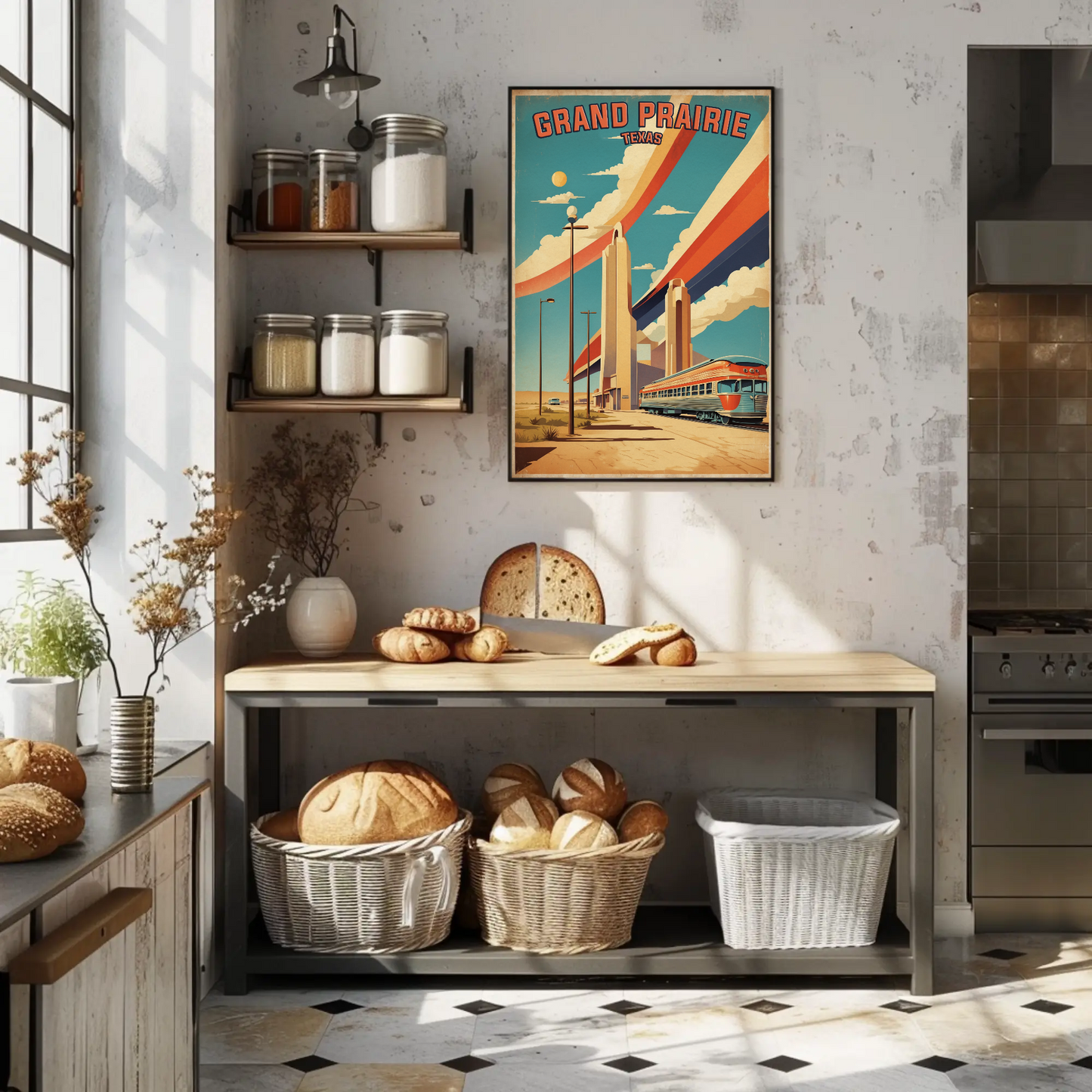 Grand Prairie Texas Train Towers Streamline Vintage Travel Poster