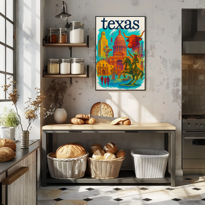Texas Capitol Cowboy Longhorn Windmill History Vintage Travel Poster