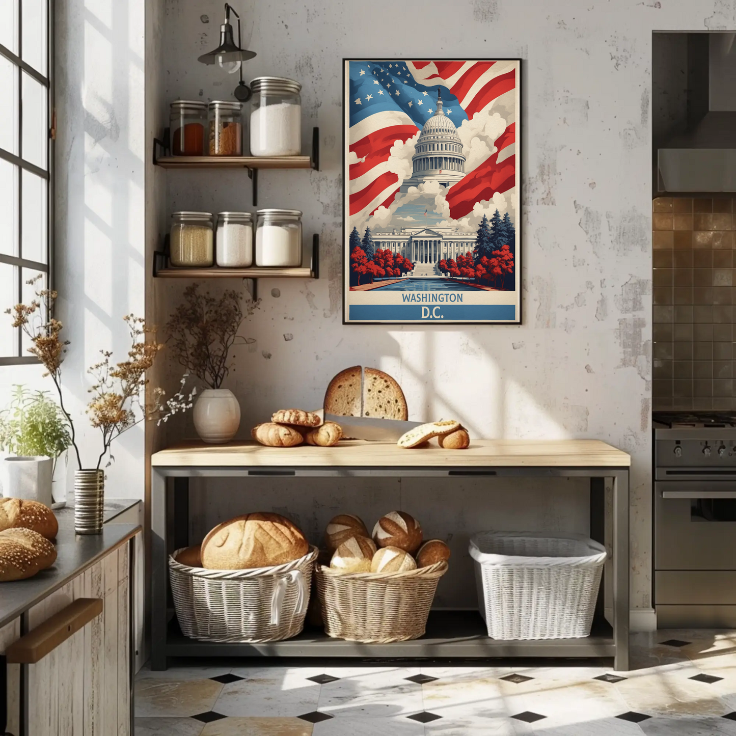Washington D.C. Capitol American Flag Clouds Vintage Travel Poster