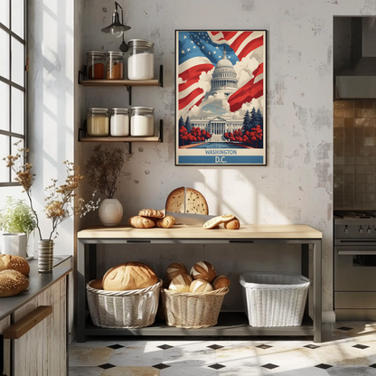 Washington D.C. Capitol American Flag Clouds Vintage Travel Poster