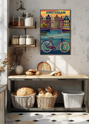Amsterdam Holland Bicycle Canals Sunset Vintage Travel Poster