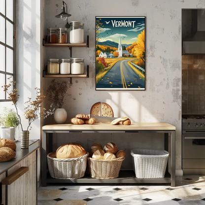 Vermont Vintage Poster - Autumn Road & Church