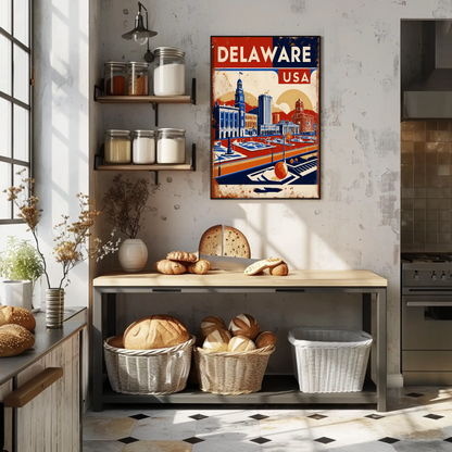 Delaware Waterfront Skyline Retro USA Vintage Maroon Travel Poster